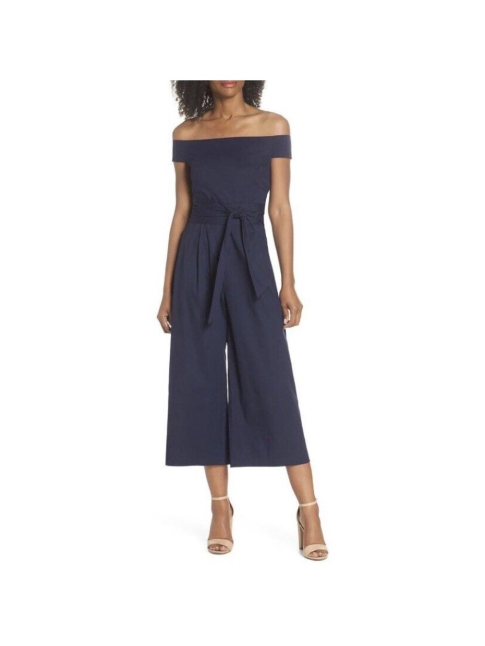 Chelsea28 Off-the-Shoulder Navy Wide-Leg Jumpsuit with Waist Tie